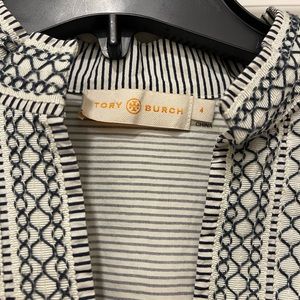 Tory Burch blue and white pinstripe dress with 3/4 length sleeves